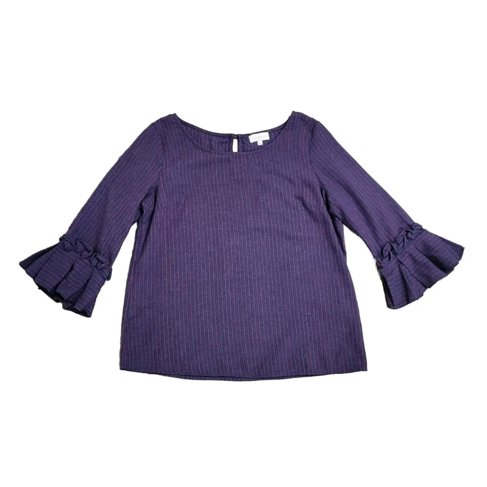 Lucky Brand Top Small Boho Bell Sleeve Knit Striped Boat Neck Ruffle Blue Stripe